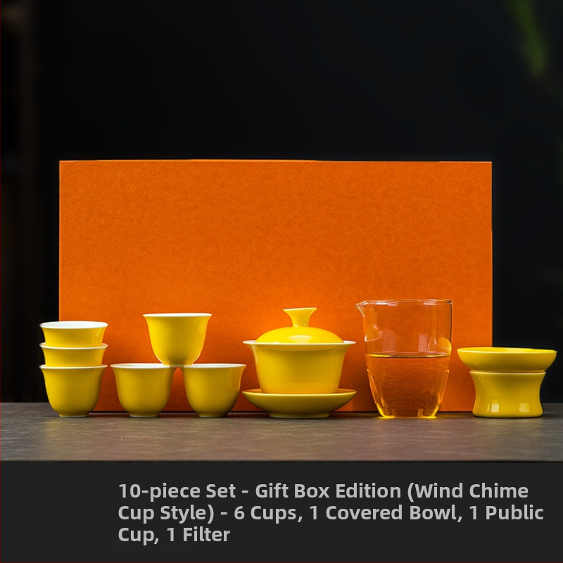Set de ceai ceramic galben, cu gaiwan și ceașcă, într-o cutie cadou – premium pentru acasă sau pentru afaceri, opțiune logo