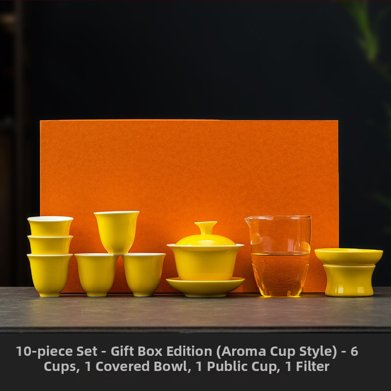 Set de ceai ceramic galben, cu gaiwan și ceașcă, într-o cutie cadou – premium pentru acasă sau pentru afaceri, opțiune logo