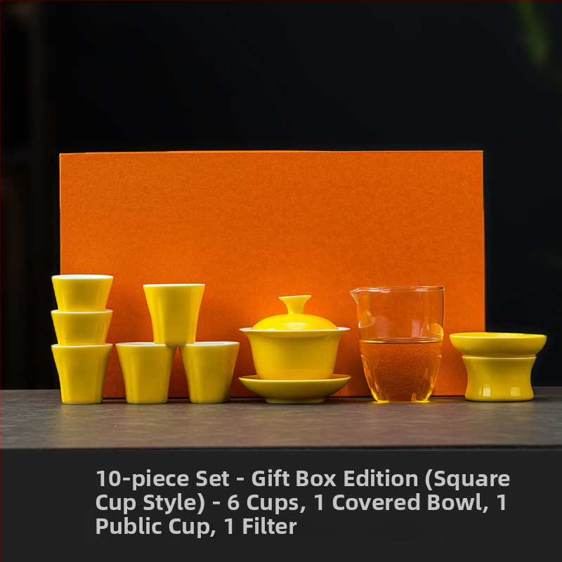 Set de ceai ceramic galben, cu gaiwan și ceașcă, într-o cutie cadou – premium pentru acasă sau pentru afaceri, opțiune logo