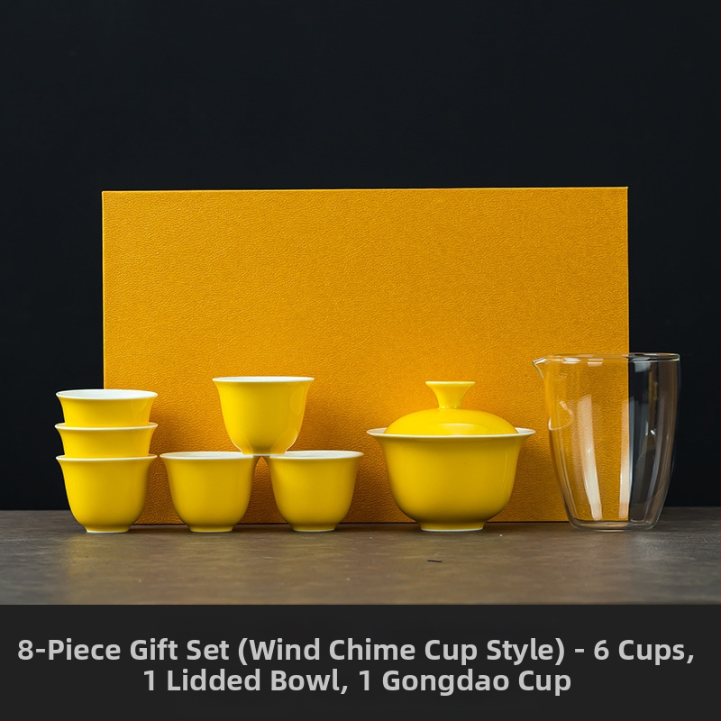 Set de ceai ceramic galben, cu gaiwan și ceașcă, într-o cutie cadou – premium pentru acasă sau pentru afaceri, opțiune logo