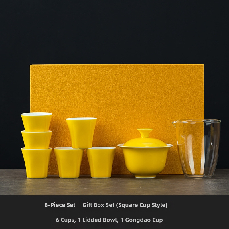 Set de ceai ceramic galben, cu gaiwan și ceașcă, într-o cutie cadou – premium pentru acasă sau pentru afaceri, opțiune logo