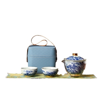 Set de ceai din porțelan albastru- Alb cu peisaj, stil gaiwan pentru călătorii, vas cu capac și două cești, glazură retro