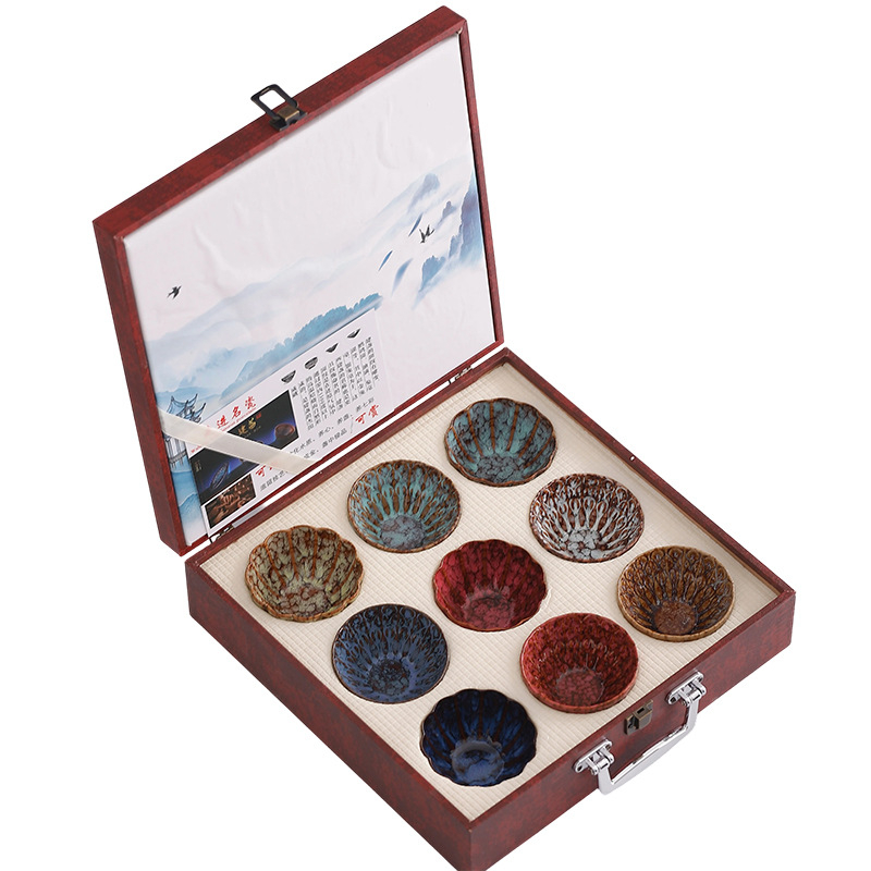 Set cadou Gongfu ceai cu glazură în nouă culori, cești ceramice conice pentru degustare și ceașcă maestrului