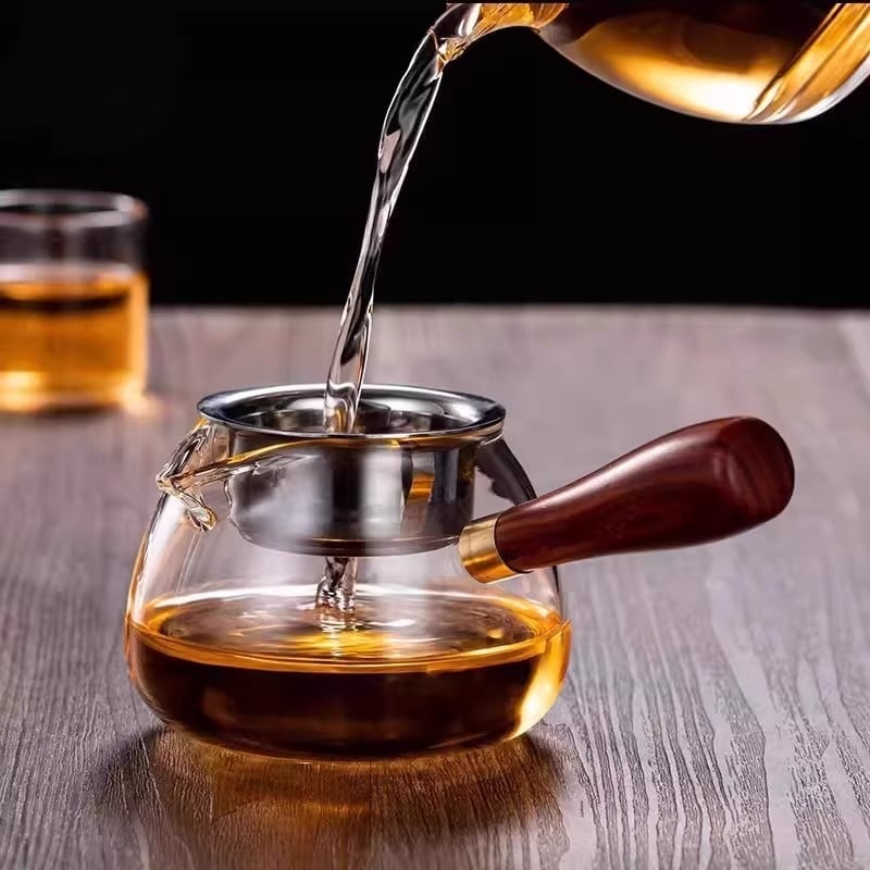 Ceașcă de ceai cu mâner din lemn și filtru încorporat, sticlă izolată, separator îngroșat pentru ceai și apă