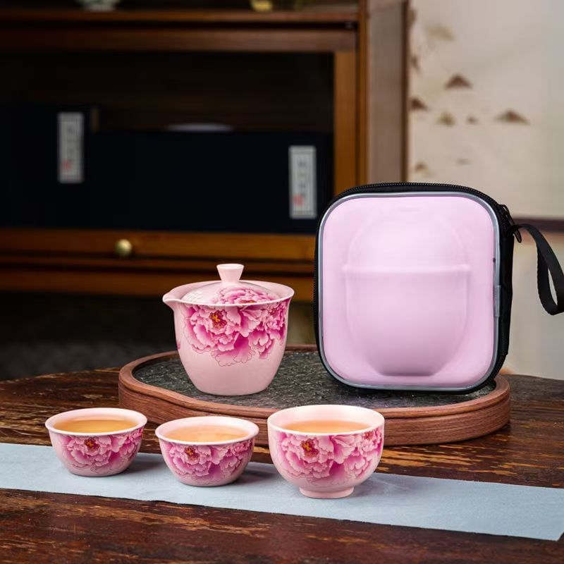 Set de ceai portabil, roz, în stil Dingyao, ceramică, pentru 3–5 persoane