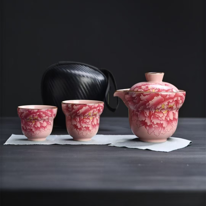 Set de ceai portabil, roz, în stil Dingyao, ceramică, pentru 3–5 persoane