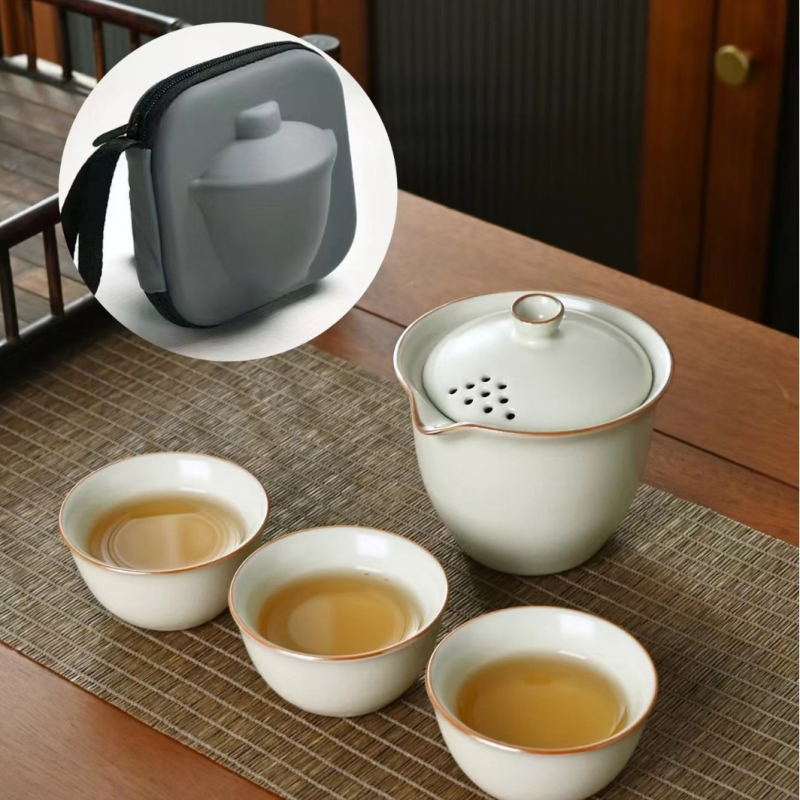 Set de ceai portabil, roz, în stil Dingyao, ceramică, pentru 3–5 persoane