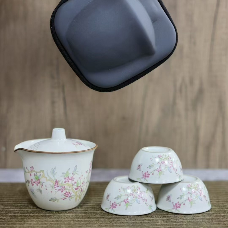 Set de ceai portabil, roz, în stil Dingyao, ceramică, pentru 3–5 persoane
