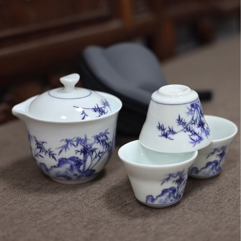 Set de ceai portabil, roz, în stil Dingyao, ceramică, pentru 3–5 persoane