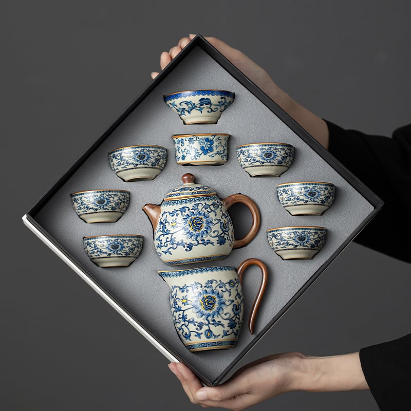 Set de ceai Ru Kiln albastru și alb, Gongfu pentru casă, set complet cu ceainic și cești, cutie cadou de înaltă calitate, pentru 6 persoane