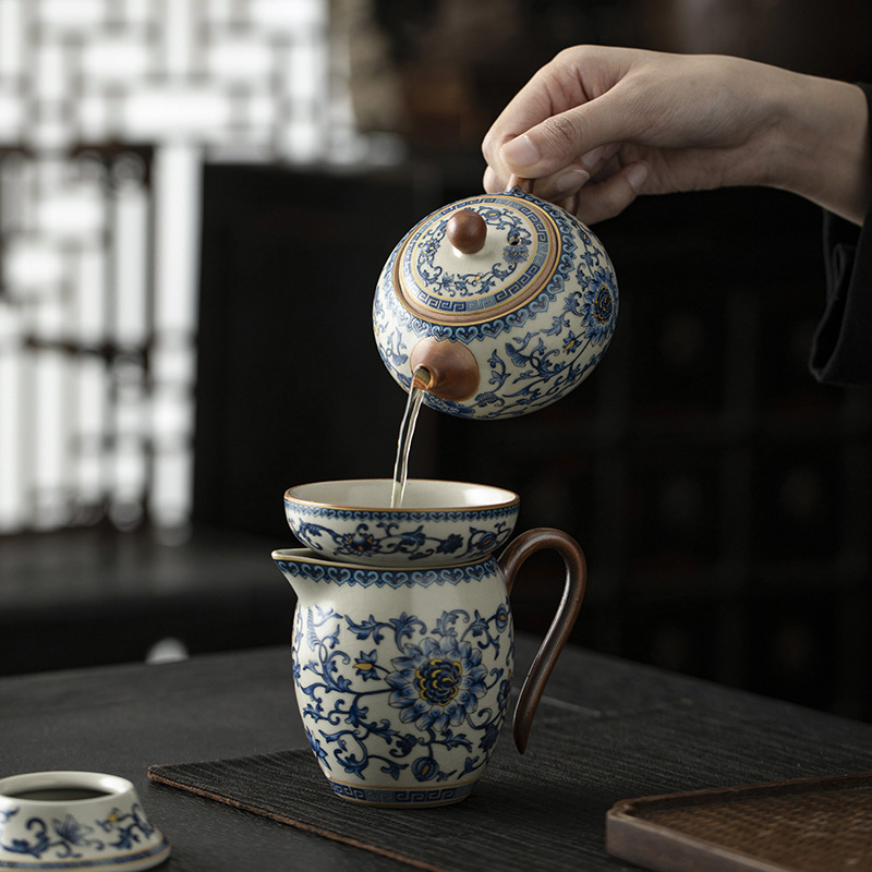Set de ceai Ru Kiln albastru și alb, Gongfu pentru casă, set complet cu ceainic și cești, cutie cadou de înaltă calitate, pentru 6 persoane