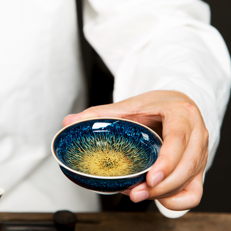 Ceșcuță de ceai din porțelan cu glazură Tenmoku, o singură ceașcă, coaptă în cuptor, stil chinezesc, realizare manuală, glazură Rabbit Hair
