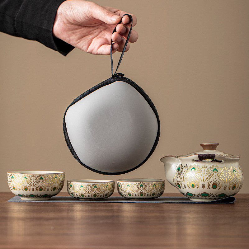 Ru Kiln set de ceai de înaltă calitate cu ceainic și bol cu capac, protecție împotriva arsurilor, pentru exterior și călătorii – o ceainică și trei cești