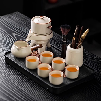 Set ceai Ru Kiln Kung Fu – Kit ceramic complet pentru ceremonia ceaiului, cu râșniță din piatră, preparator automat de ceai, ceainic și bol pentru spălarea ceaiului