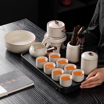 Set ceai Ru Kiln Kung Fu – Kit ceramic complet pentru ceremonia ceaiului, cu râșniță din piatră, preparator automat de ceai, ceainic și bol pentru spălarea ceaiului