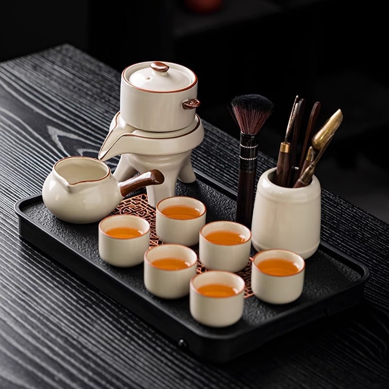 Set ceai Ru Kiln Kung Fu – Kit ceramic complet pentru ceremonia ceaiului, cu râșniță din piatră, preparator automat de ceai, ceainic și bol pentru spălarea ceaiului