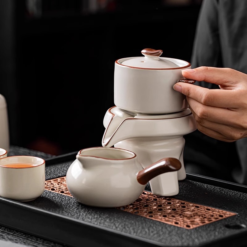 Set ceai Ru Kiln Kung Fu – Kit ceramic complet pentru ceremonia ceaiului, cu râșniță din piatră, preparator automat de ceai, ceainic și bol pentru spălarea ceaiului