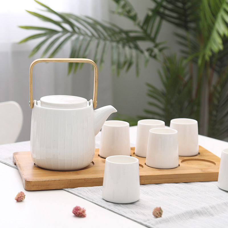 Set de ceai din ceramică în stil japonez, rezistent la temperaturi, cu tavă de lemn