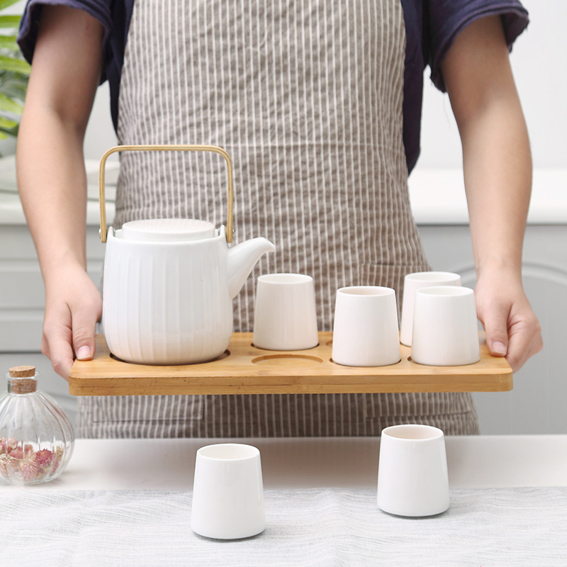 Set de ceai din ceramică în stil japonez, rezistent la temperaturi, cu tavă de lemn