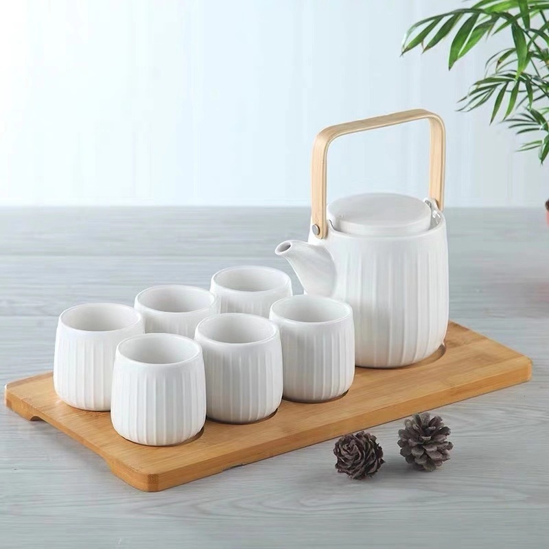 Set de ceai din ceramică în stil japonez, rezistent la temperaturi, cu tavă de lemn
