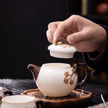 Ceainic din porțelan Ice Jade cu mâner lateral, Ceainic cu motiv Plum Blossom, Ceainic al satisfacției, Set ceramic de ceai cu 1 ceainic și 2 cești, Li Huiyi