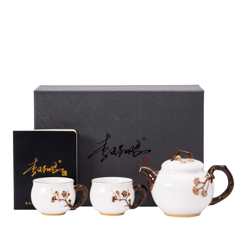 Ceainic din porțelan Ice Jade cu mâner lateral, Ceainic cu motiv Plum Blossom, Ceainic al satisfacției, Set ceramic de ceai cu 1 ceainic și 2 cești, Li Huiyi