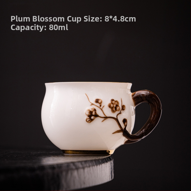 Ceainic din porțelan Ice Jade cu mâner lateral, Ceainic cu motiv Plum Blossom, Ceainic al satisfacției, Set ceramic de ceai cu 1 ceainic și 2 cești, Li Huiyi