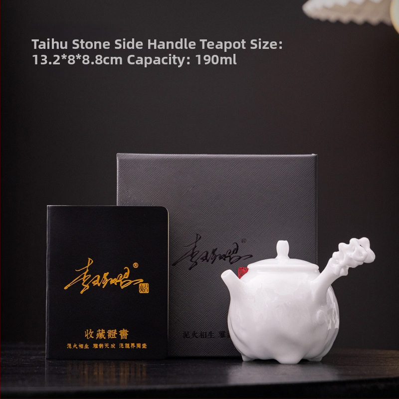 Ceainic din porțelan Ice Jade cu mâner lateral, Ceainic cu motiv Plum Blossom, Ceainic al satisfacției, Set ceramic de ceai cu 1 ceainic și 2 cești, Li Huiyi
