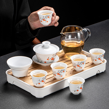Set de ceai Kung Fu din porțelan alb Dehua, pentru casă și birou – design simplu și elegant, cu gaiwan