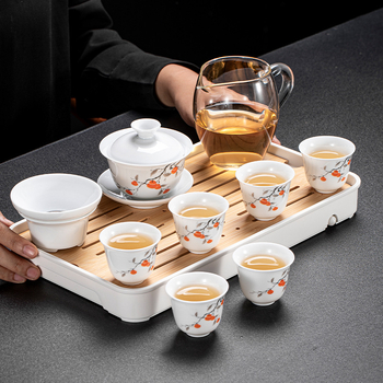 Set de ceai Kung Fu din porțelan alb Dehua, pentru casă și birou – design simplu și elegant, cu gaiwan