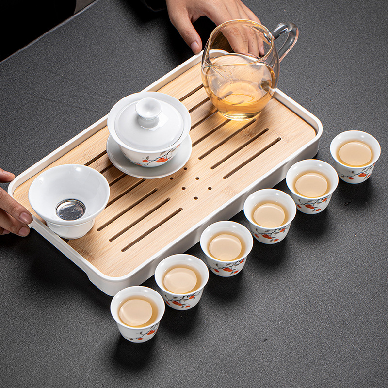 Set de ceai Kung Fu din porțelan alb Dehua, pentru casă și birou – design simplu și elegant, cu gaiwan