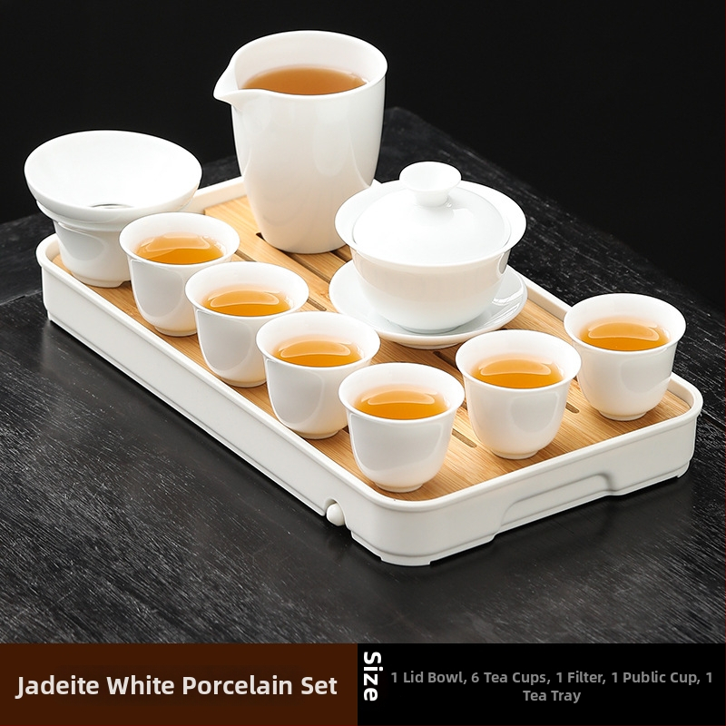 Set de ceai Kung Fu din porțelan alb Dehua, pentru casă și birou – design simplu și elegant, cu gaiwan