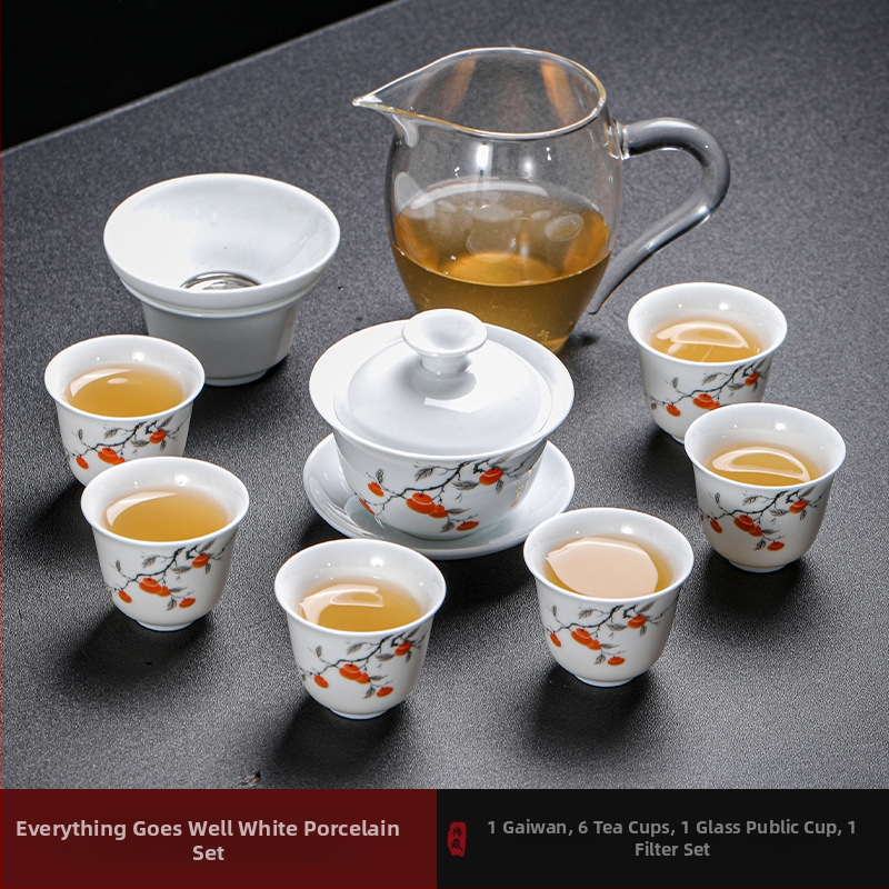 Set de ceai Kung Fu din porțelan alb Dehua, pentru casă și birou – design simplu și elegant, cu gaiwan