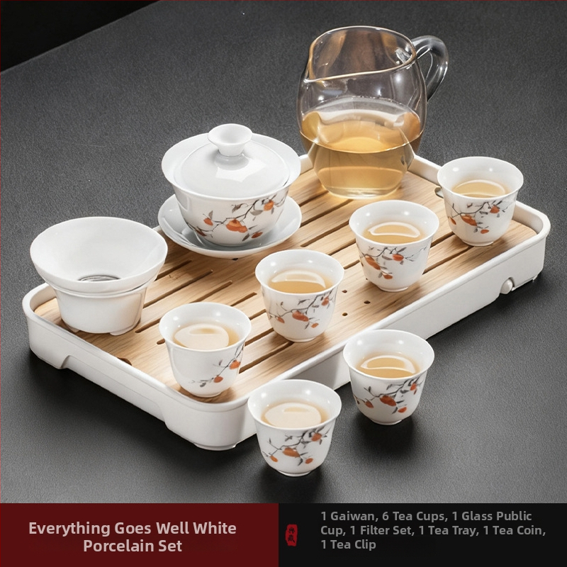 Set de ceai Kung Fu din porțelan alb Dehua, pentru casă și birou – design simplu și elegant, cu gaiwan