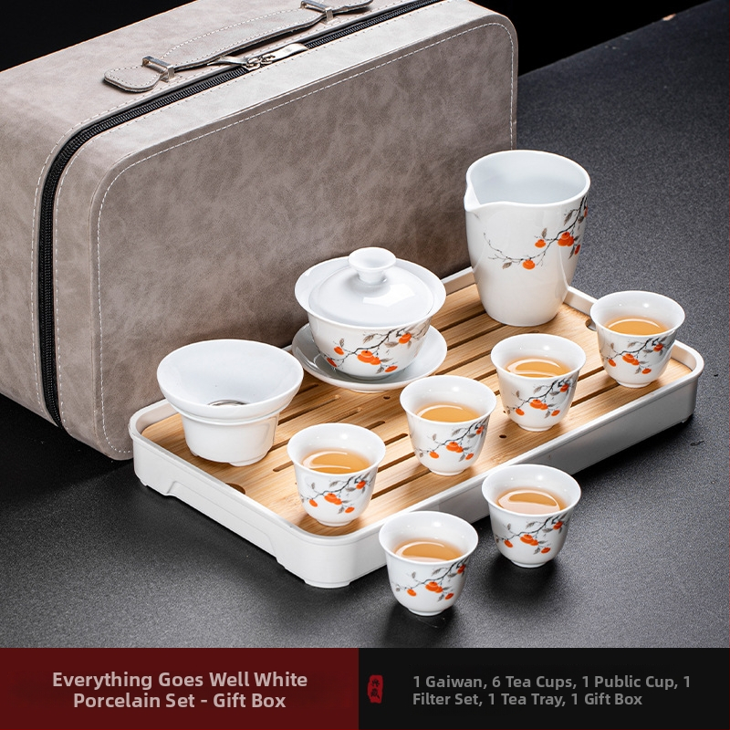 Set de ceai Kung Fu din porțelan alb Dehua, pentru casă și birou – design simplu și elegant, cu gaiwan