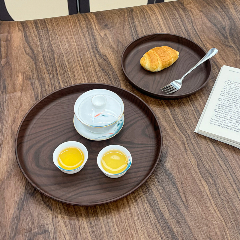 Tavă rotundă din plastic cu aspect lemnos, pentru servire la masă, ceai și cafea, farfurie pentru tort