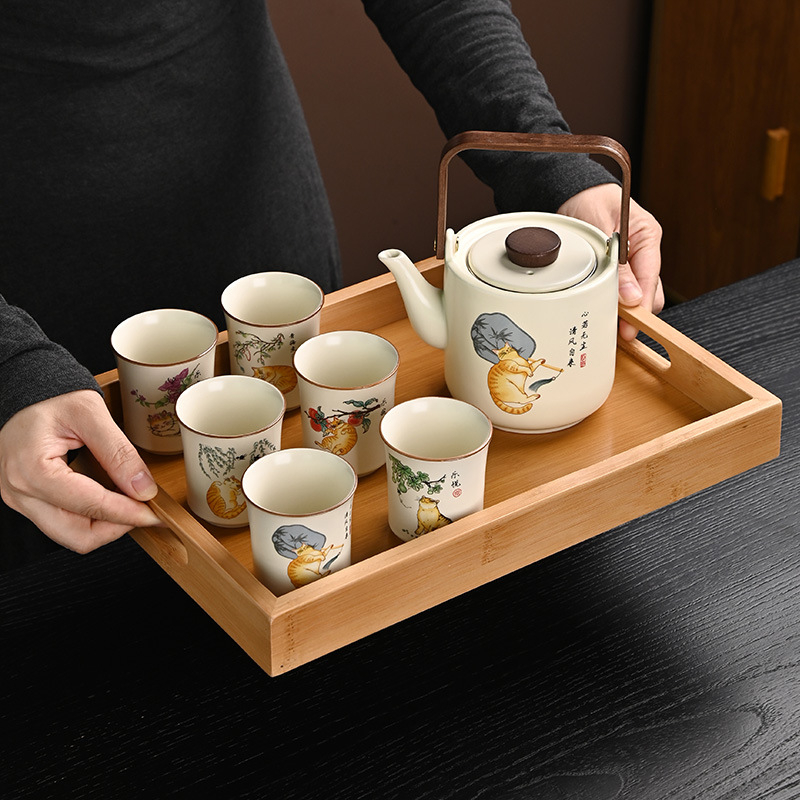 Set ceramic de ceai cu ceainic și cești, capacitate mare, pentru uz casnic, cu tavă de ceai din bambus