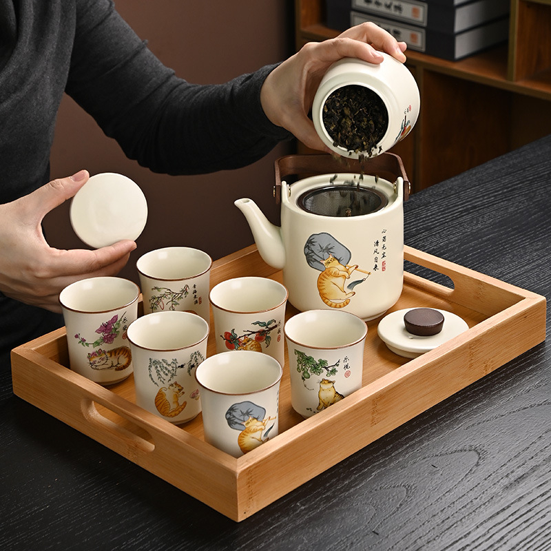 Set ceramic de ceai cu ceainic și cești, capacitate mare, pentru uz casnic, cu tavă de ceai din bambus