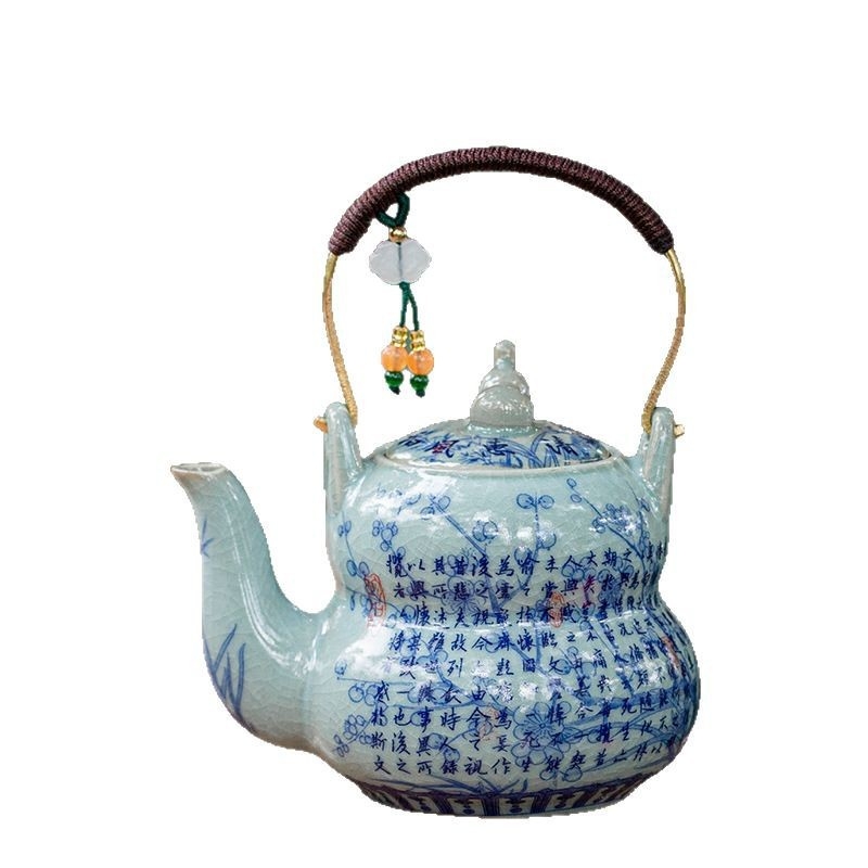 Ceainic ceramic din lut vechi, glazură craquelată albastru‑alb, mic ceainic pentru set Kung Fu