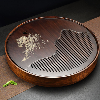 Tavă de ceai din bambus, stil chinezesc retro elegant, rotundă, pentru întâmpinarea oaspeților, potrivită pentru birou sau casă, interior, pentru degustarea ceaiului