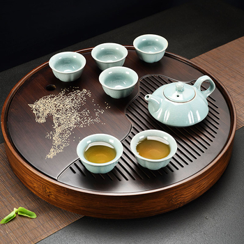 Tavă de ceai din bambus, stil chinezesc retro elegant, rotundă, pentru întâmpinarea oaspeților, potrivită pentru birou sau casă, interior, pentru degustarea ceaiului