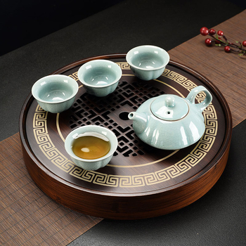 Tavă de ceai din bambus, stil chinezesc retro elegant, rotundă, pentru întâmpinarea oaspeților, potrivită pentru birou sau casă, interior, pentru degustarea ceaiului