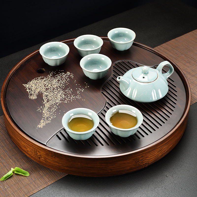 Tavă de ceai din bambus, stil chinezesc retro elegant, rotundă, pentru întâmpinarea oaspeților, potrivită pentru birou sau casă, interior, pentru degustarea ceaiului