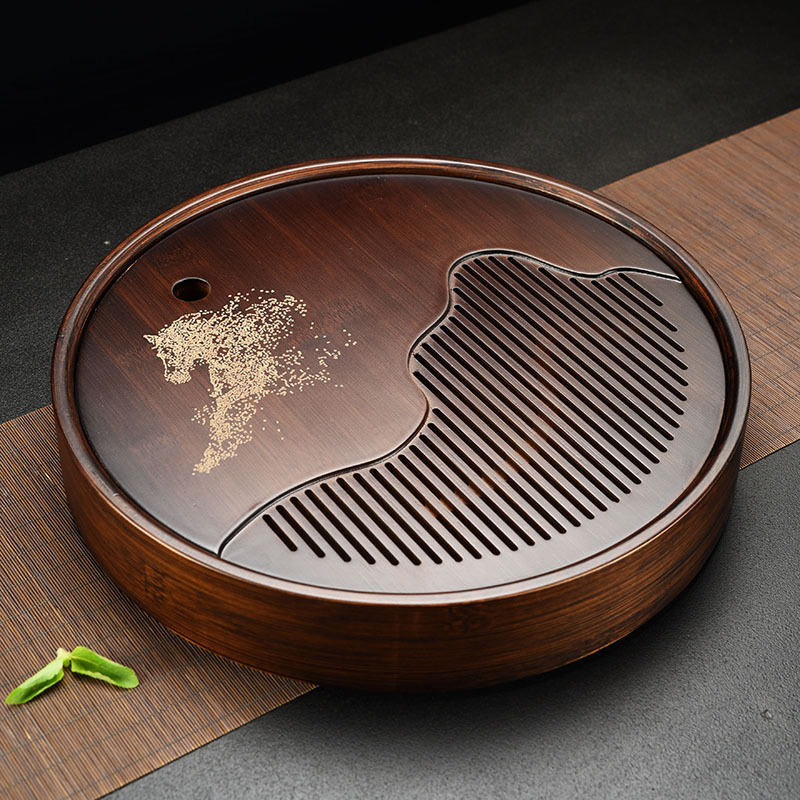 Tavă de ceai din bambus, stil chinezesc retro elegant, rotundă, pentru întâmpinarea oaspeților, potrivită pentru birou sau casă, interior, pentru degustarea ceaiului