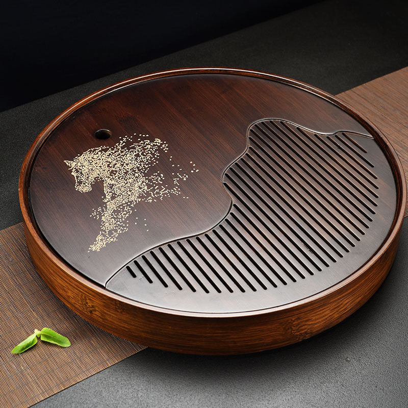 Tavă de ceai din bambus, stil chinezesc retro elegant, rotundă, pentru întâmpinarea oaspeților, potrivită pentru birou sau casă, interior, pentru degustarea ceaiului