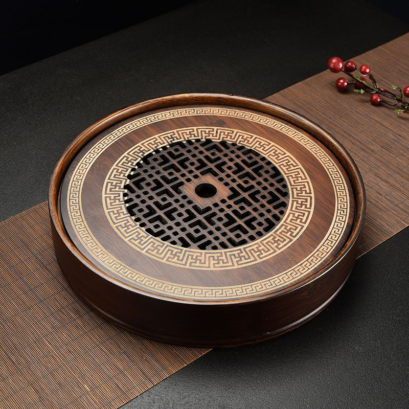 Tavă de ceai din bambus, stil chinezesc retro elegant, rotundă, pentru întâmpinarea oaspeților, potrivită pentru birou sau casă, interior, pentru degustarea ceaiului