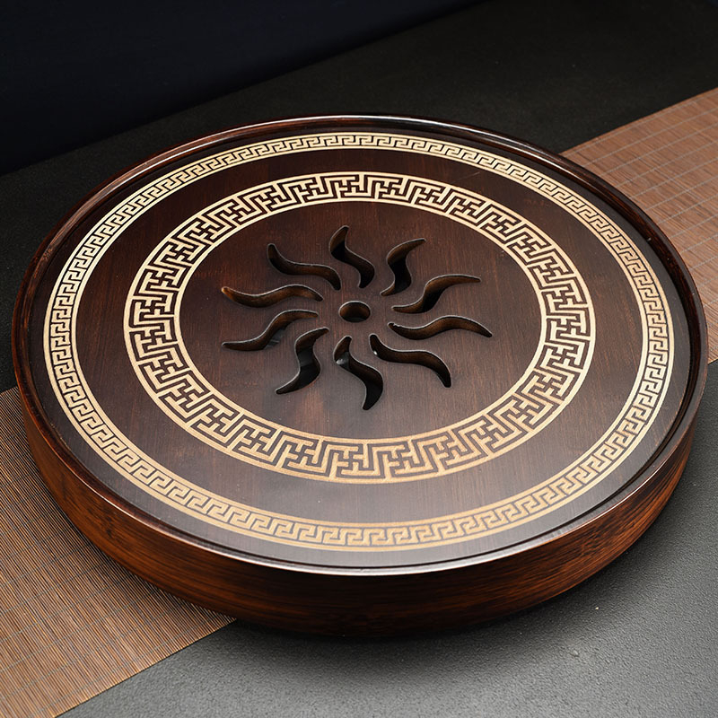 Tavă de ceai din bambus, stil chinezesc retro elegant, rotundă, pentru întâmpinarea oaspeților, potrivită pentru birou sau casă, interior, pentru degustarea ceaiului