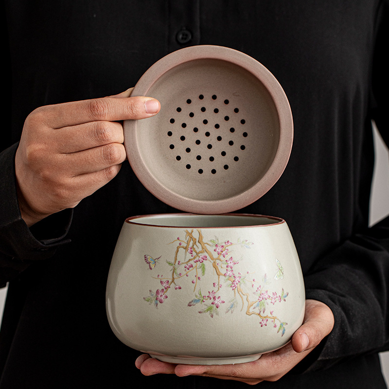 Vas ceramic pentru resturi de ceai, destinat ceremoniei de ceai acasă, cu recipient pentru spălarea ceaiului și accesorii de servire