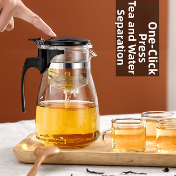 Sklenený čajník s rozdelením vody a filtráciou jedným tlačidlom, objem 500 ml, na domáce použitie.