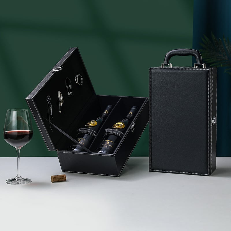 Cutie cadou din piele pentru două sticle de vin roșu, ambalaj negru